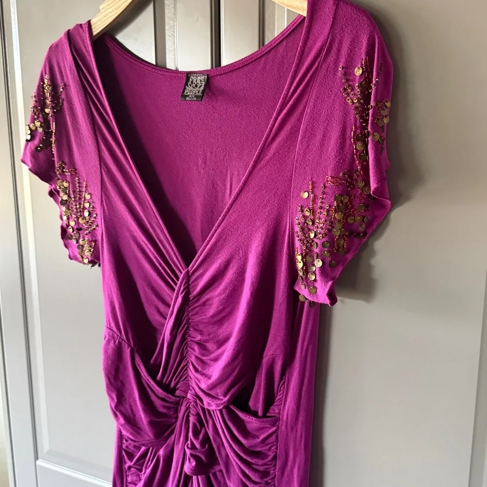 Free People Vintage Ruched Sequin Embellished‎ V-Neck Mini Dress, Purple Gold, M